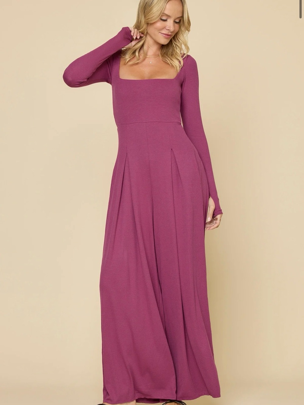 poplex Long Sleeve Square Neck Maxi romper - Pink, Raspberry XXS fits like XS/S